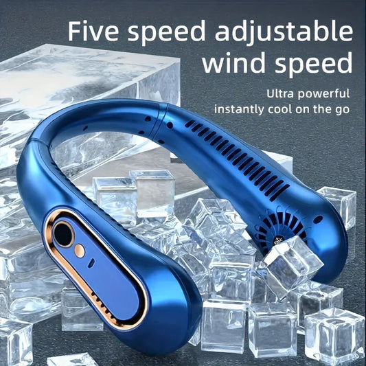 Portable bladeless neck fan 5 wind speeds USB rechargeable with digital display