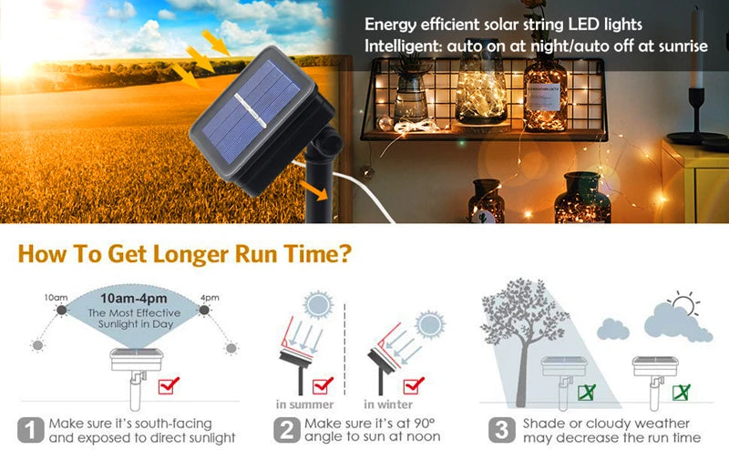 Solar fairy string lights waterproof outdoor LED with 8 modes for garden