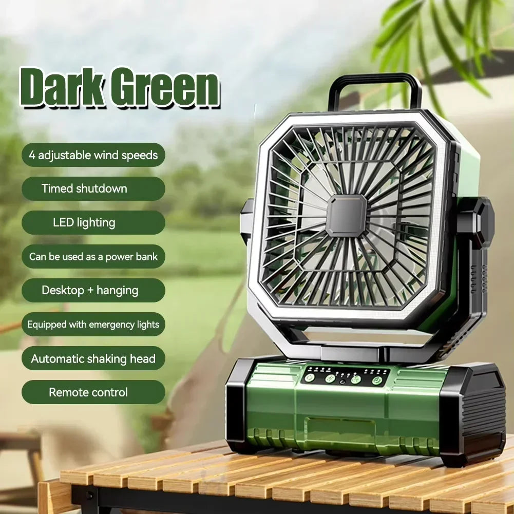 20000mAh rechargeable outdoor camping fan with LED light and hanging hook