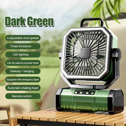20000mAh rechargeable outdoor camping fan with LED light and hanging hook