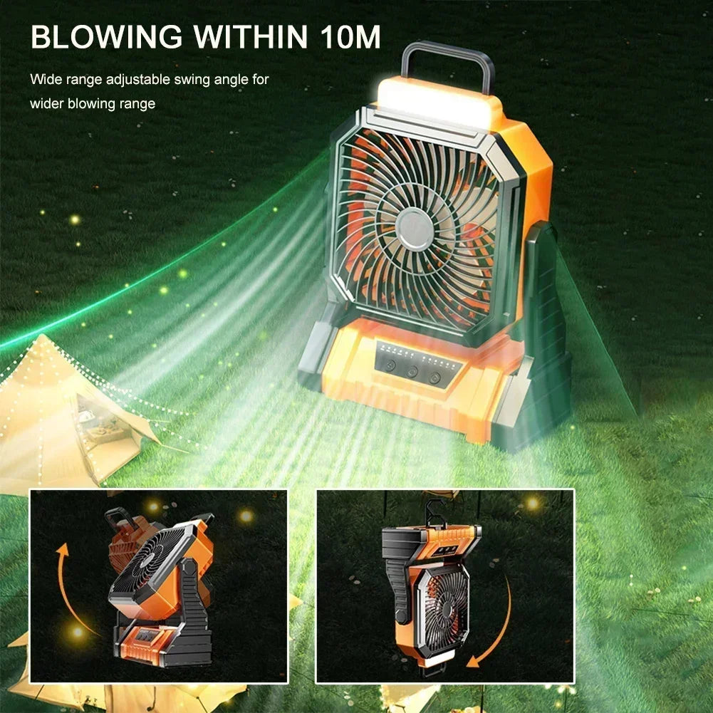 20000mAh rechargeable outdoor camping fan with LED light and hanging hook