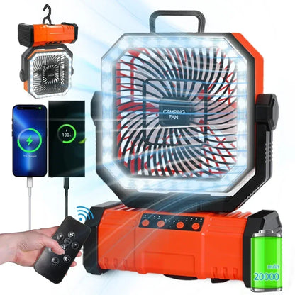 20000mAh rechargeable outdoor camping fan with LED light and hanging hook