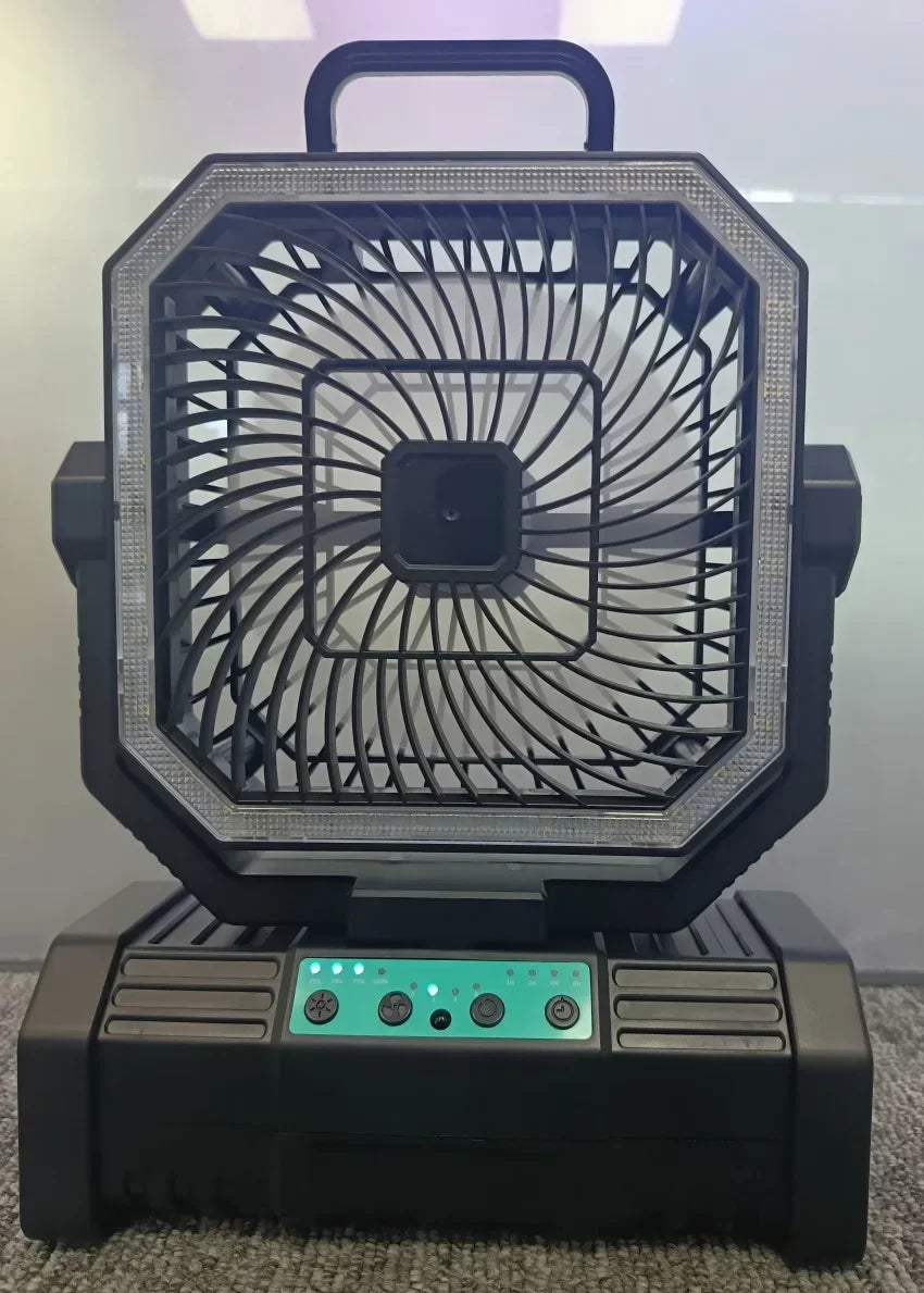 20000mAh rechargeable outdoor camping fan with LED light and hanging hook