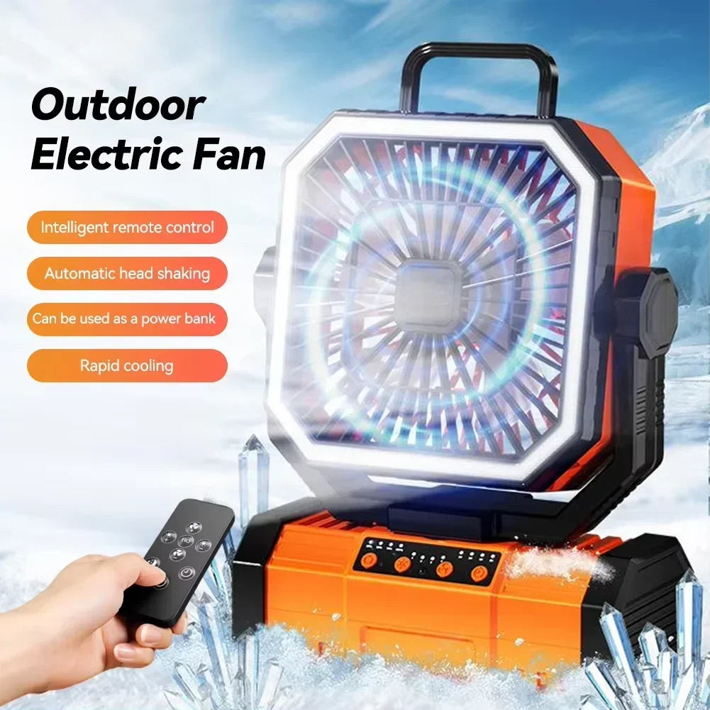 20000mAh rechargeable outdoor camping fan with LED light and hanging hook