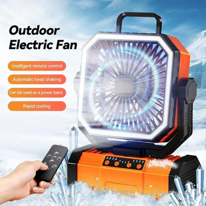 20000mAh rechargeable outdoor camping fan with LED light and hanging hook