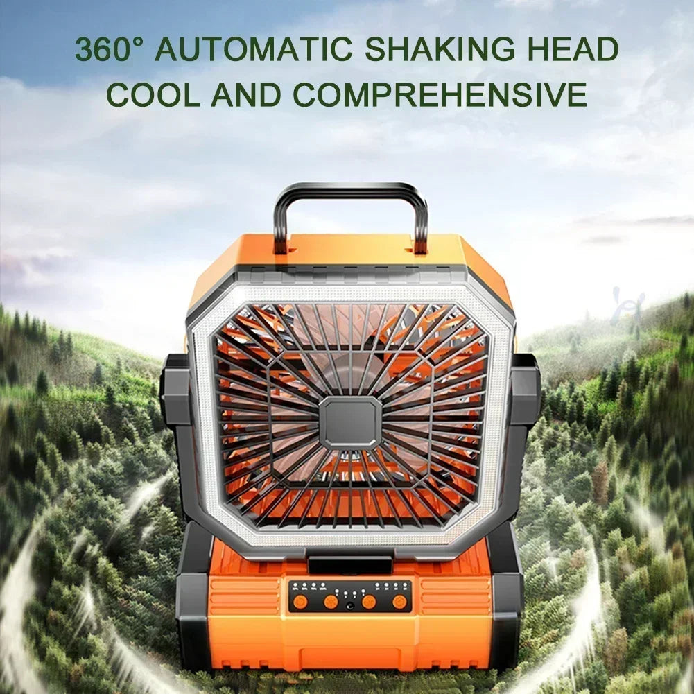 20000mAh rechargeable outdoor camping fan with LED light and hanging hook
