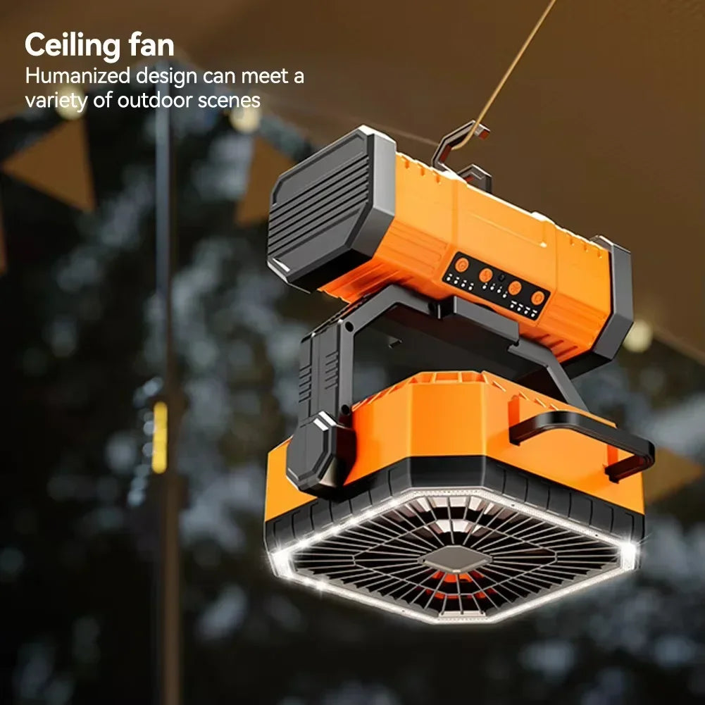 20000mAh rechargeable outdoor camping fan with LED light and hanging hook