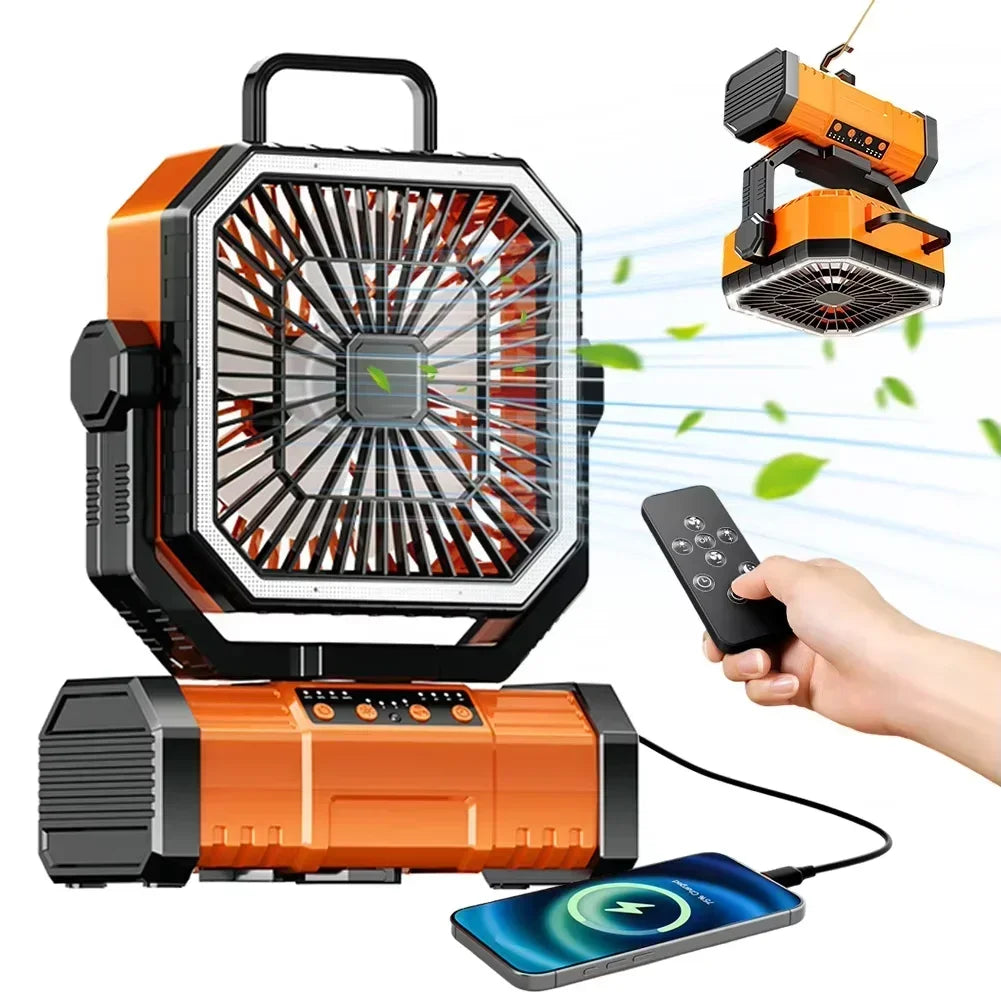 20000mAh rechargeable outdoor camping fan with LED light and hanging hook
