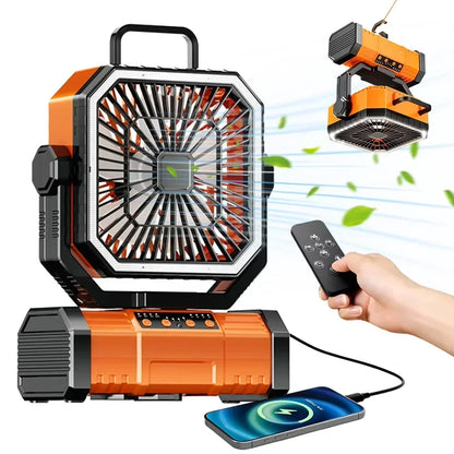20000mAh rechargeable outdoor camping fan with LED light and hanging hook