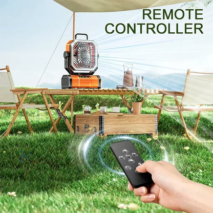 20000mAh rechargeable outdoor camping fan with LED light and hanging hook