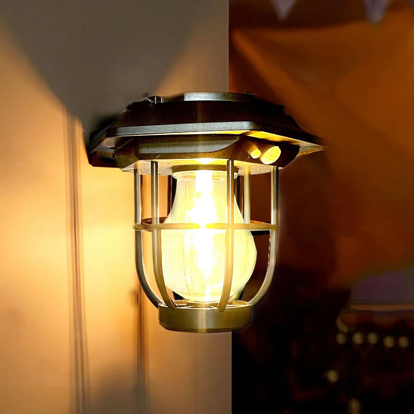 Solar courtyard motion sensor light with warm tungsten glow for garden