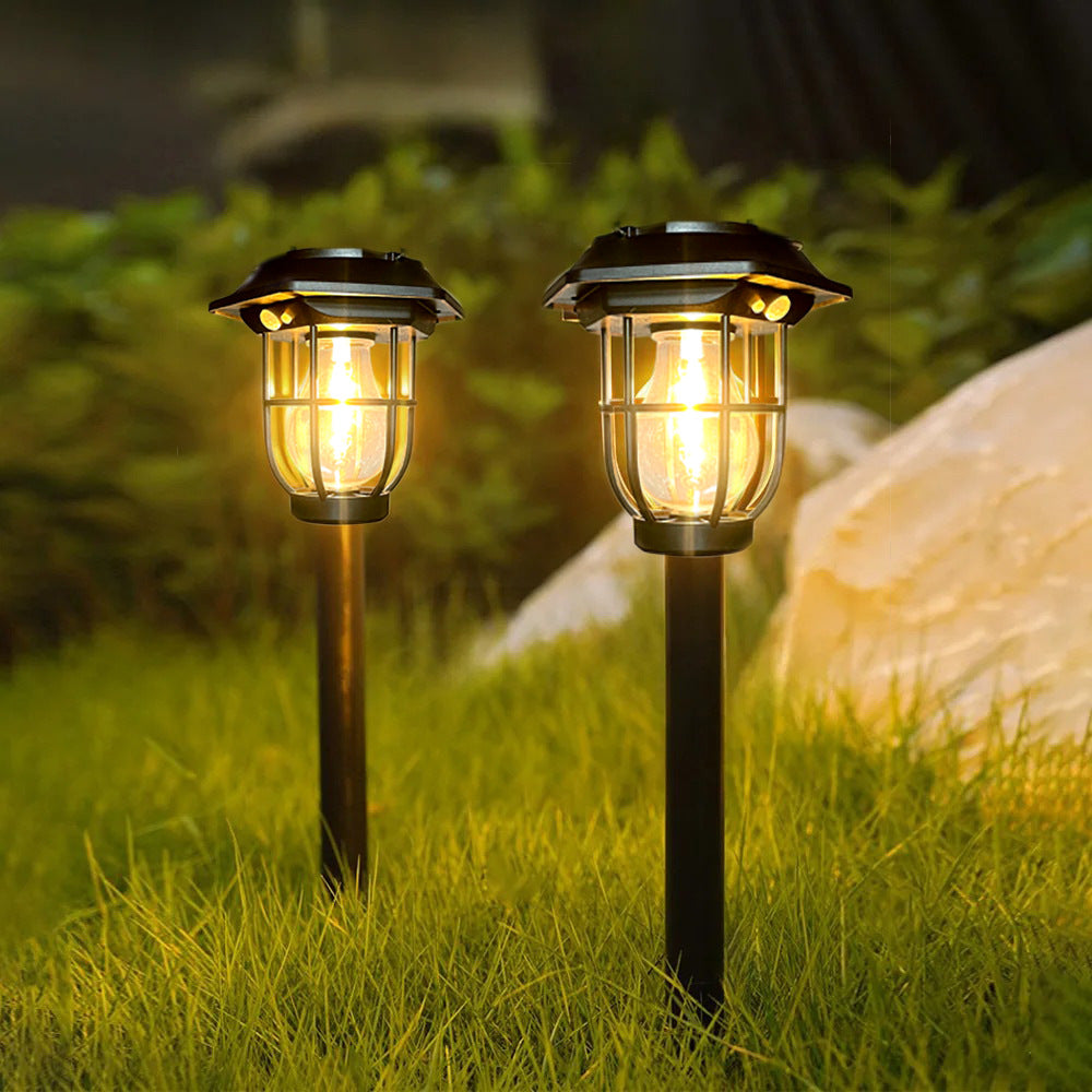 Solar courtyard motion sensor light with warm tungsten glow for garden
