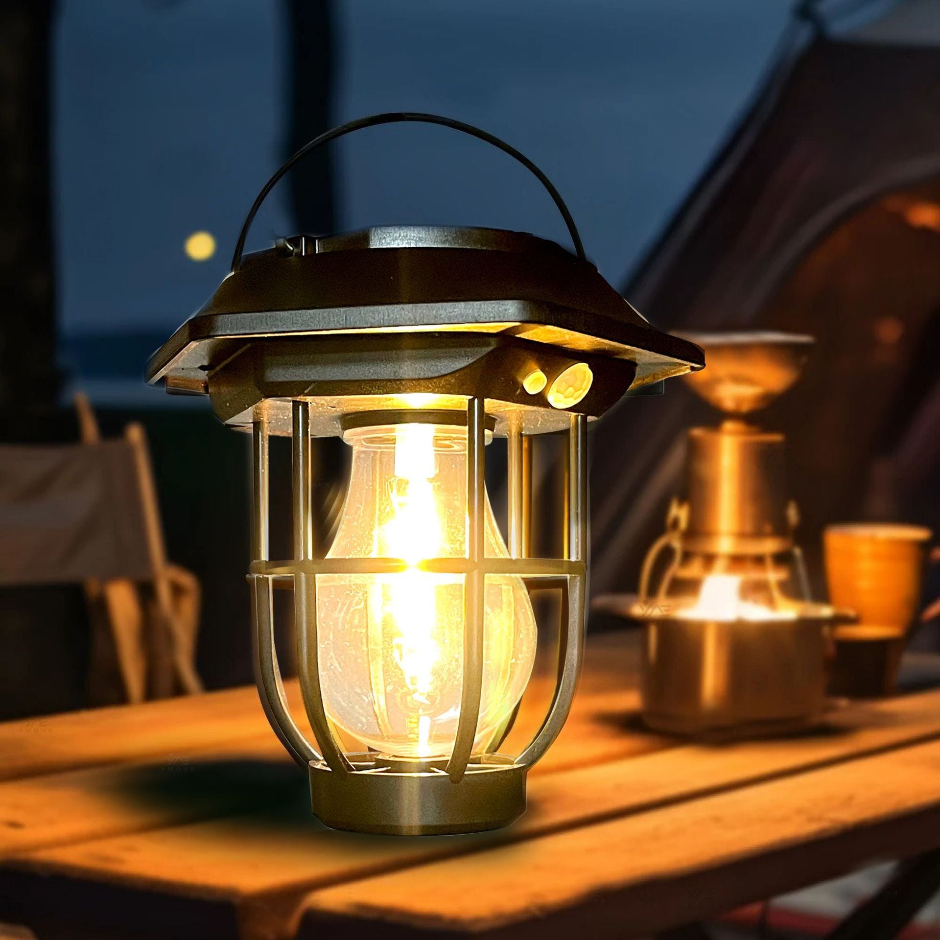 Solar courtyard motion sensor light with warm tungsten glow for garden